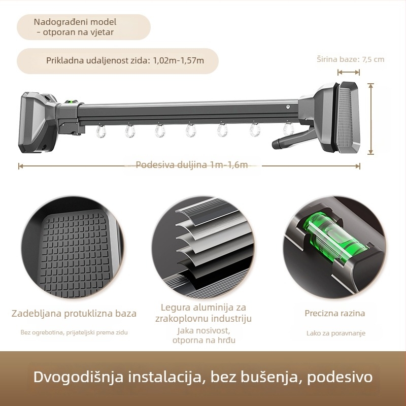 Bočna zidna šipka za sušenje rublja na balkon, bez bušenja, teleskopska šipka od aluminijske legure