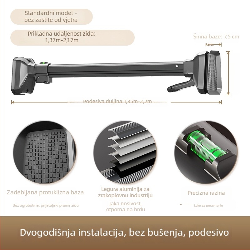 Bočna zidna šipka za sušenje rublja na balkon, bez bušenja, teleskopska šipka od aluminijske legure