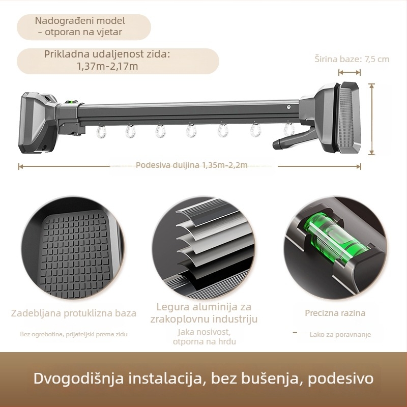 Bočna zidna šipka za sušenje rublja na balkon, bez bušenja, teleskopska šipka od aluminijske legure