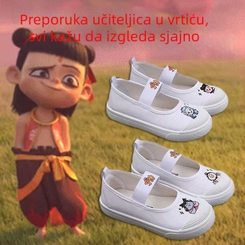 Dječje platnene tenisice za unutarnju upotrebu, bijele s crtanim motivom, nizak kroj, elastična traka za obuvanje, protuklizna plastična potplata, za proljeće i jesen, unisex.