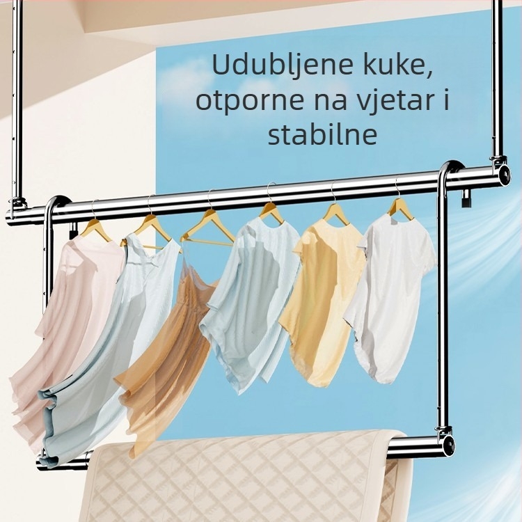 Nerđajuća čelična šipka za sušenje rublja na balkonu, gornja montaža, fiksna, bez bušenja, teleskopska, za odjeću i deke