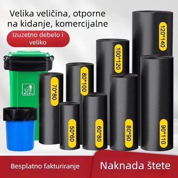 Crne debelo ojačane vreće za smeće s plosnatim otvorom, PE materijal, 100 komada, opća namjena