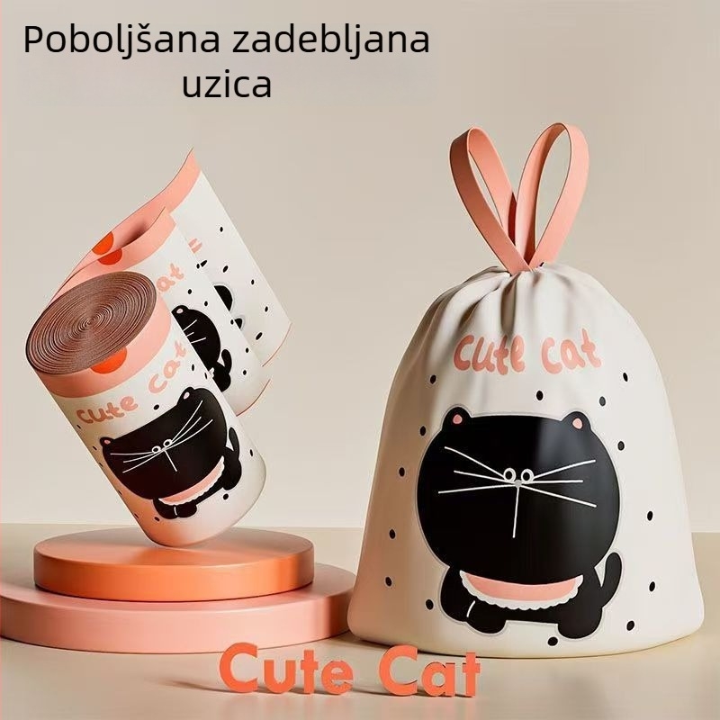Vreće za smeće s likom slatke crne mačke, debeli, ekološki prihvatljivi, biološki razgradivi, jednokratni, s vrpcom za zavezanjem, za kućnu upotrebu