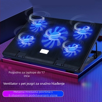 Hlađenje za prijenosno računalo s pet ventilatora, podnožje s višestrukim kutovima za podešavanje protoka zraka za gaming