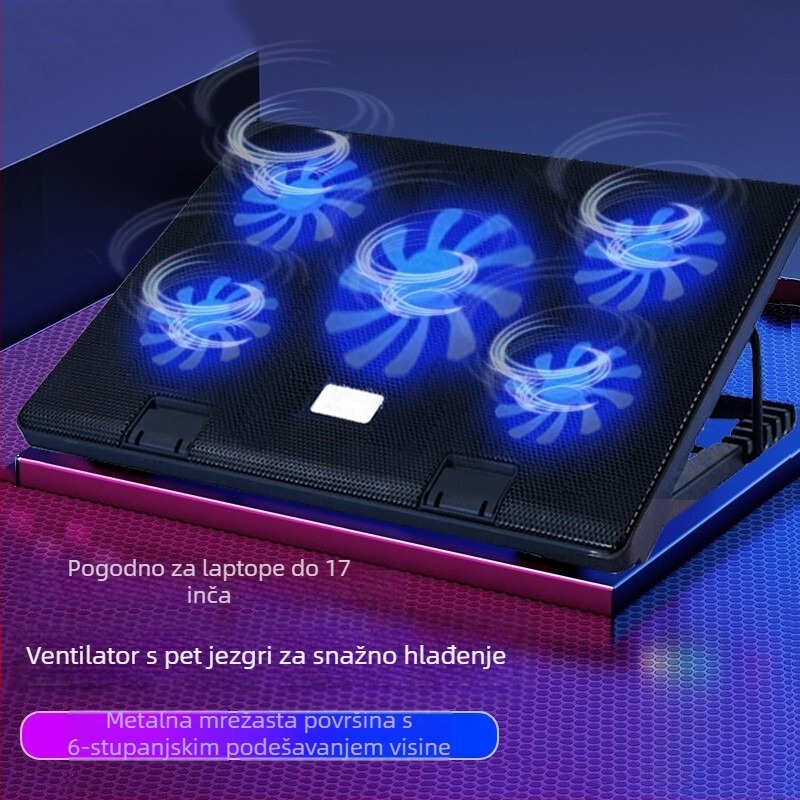 Hlađenje za prijenosno računalo s pet ventilatora, podnožje s višestrukim kutovima za podešavanje protoka zraka za gaming
