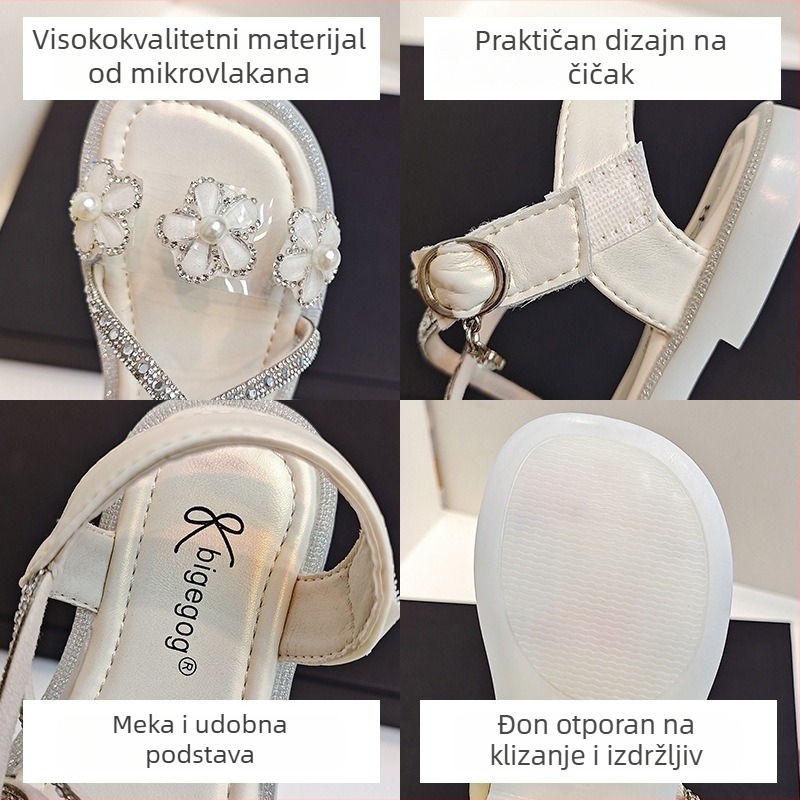 Dječje otvorene rimske sandale sa rhinestones i cvjetnim ukrasima – ljeto 2025