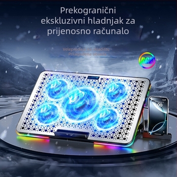 F5 PLUS hladnjak za prijenosno računalo s RGB rasvjetom, metalna mrežasta površina, 5 ventilatora, dimenzije 360×255×27 mm