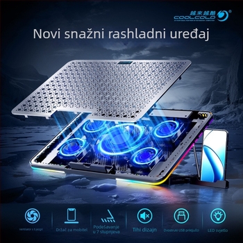 F5 PLUS hladnjak za prijenosno računalo s RGB rasvjetom, metalna mrežasta površina, 5 ventilatora, dimenzije 360×255×27 mm