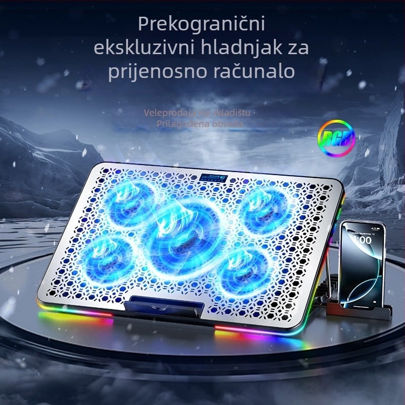 F5 PLUS hladnjak za prijenosno računalo s RGB rasvjetom, metalna mrežasta površina, 5 ventilatora, dimenzije 360×255×27 mm