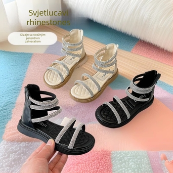 Dječje sandale u stilu princeze s rhinestone kristalima, ljeto 2025, rimske sandale za djevojčice
