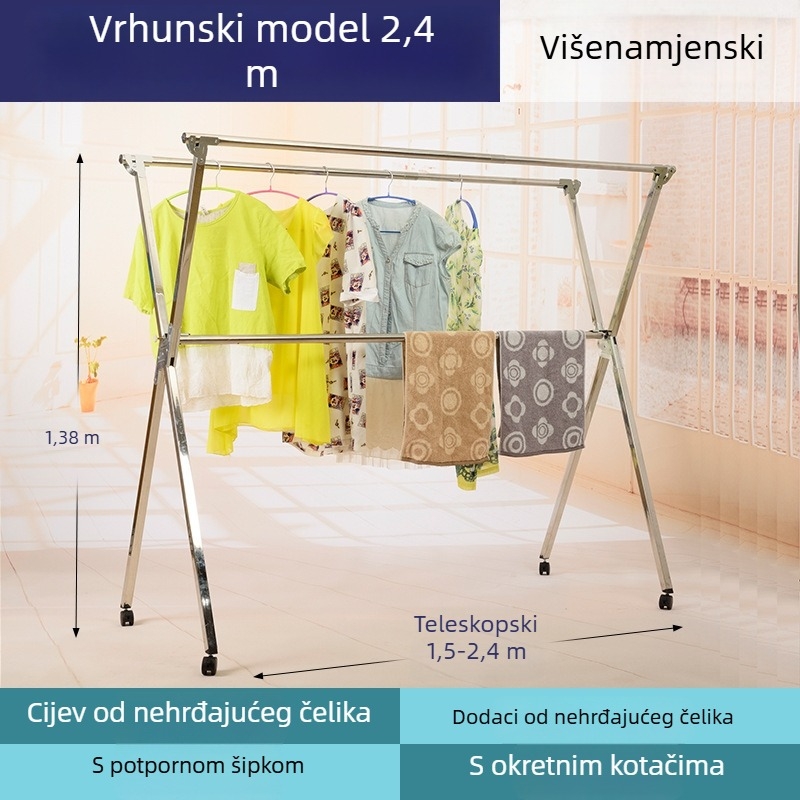 Podni stalak za sušenje od nehrđajućeg čelika, X-oblik, sklopivi i teleskopski, s gravitacijskim zaključavanjem