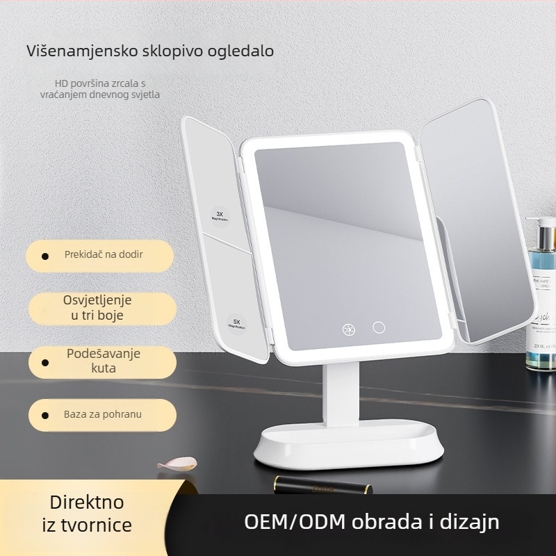 Trostruko sklopivo osvijetljeno ogledalo za šminkanje, s odvojivim rotirajućim ramenom, visokodefinicijsko stolno ogledalo