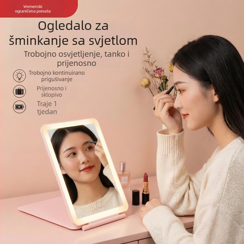 LED sklopno ogledalo za šminkanje, trobojno neprekidno podešavanje osvjetljenja, kompaktno i lagano, HD površina ogledala, za dotjerivanje u studentskim domovima