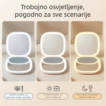 LED osvijetljeno ogledalo za šminkanje, sklopivo i prijenosno, neprekidno podešavanje svjetla, HD dvostrano osvijetljeno ogledalo, kompaktno ogledalo za ljepotu