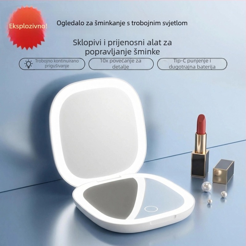 LED osvijetljeno ogledalo za šminkanje, sklopivo i prijenosno, neprekidno podešavanje svjetla, HD dvostrano osvijetljeno ogledalo, kompaktno ogledalo za ljepotu