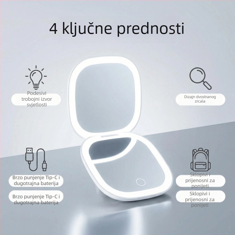 LED osvijetljeno ogledalo za šminkanje, sklopivo i prijenosno, neprekidno podešavanje svjetla, HD dvostrano osvijetljeno ogledalo, kompaktno ogledalo za ljepotu