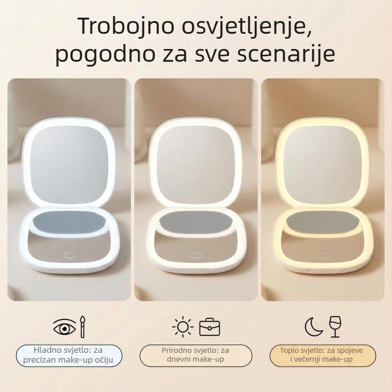LED osvijetljeno ogledalo za šminkanje, sklopivo i prijenosno, neprekidno podešavanje svjetla, HD dvostrano osvijetljeno ogledalo, kompaktno ogledalo za ljepotu