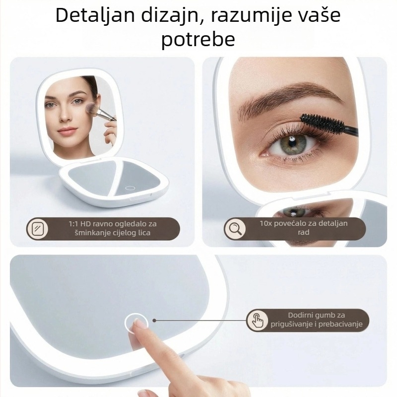 LED osvijetljeno ogledalo za šminkanje, sklopivo i prijenosno, neprekidno podešavanje svjetla, HD dvostrano osvijetljeno ogledalo, kompaktno ogledalo za ljepotu