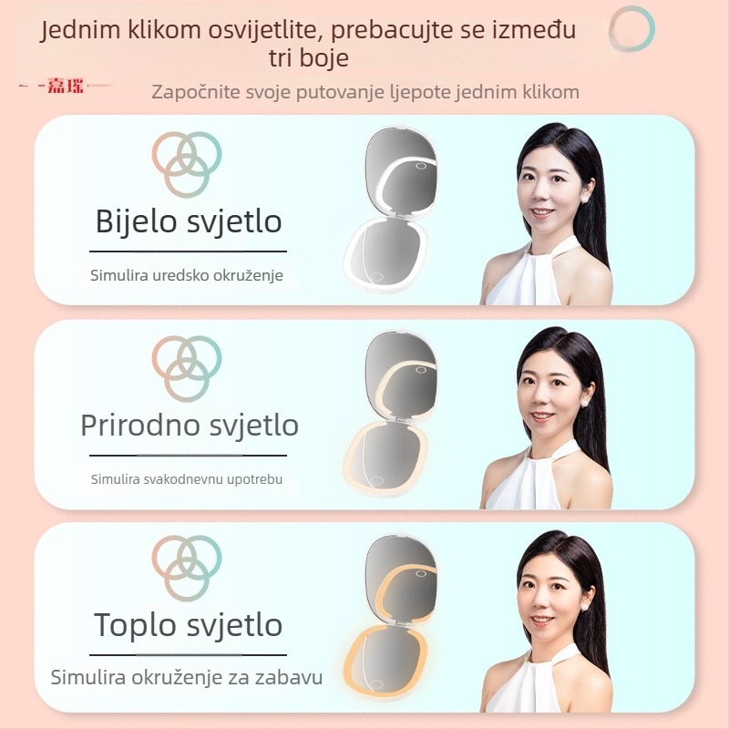 Prijenosno LED ogledalo za šminkanje, dvostrano, 3x povećanje, sklopivo, punjivo, s trobojnim osvjetljenjem.