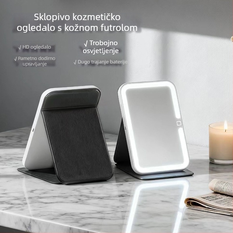 Prijenosno sklopivo LED ogledalo za šminku sa svjetlom, za studentski dom i dom – stolno ogledalo