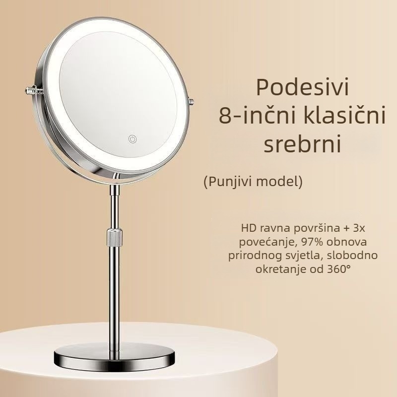 8-inčni okruglo stolno ogledalo za šminkanje s osvjetljenjem i povećanjem, metalni okvir, hotelski stil, podesiva visina