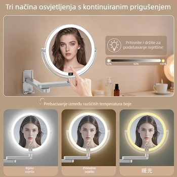 LED zidno ogledalo za šminkanje, dvostrano sa osvjetljenjem i digitalnim zaslonom, kuka za punjenje, kupaonica