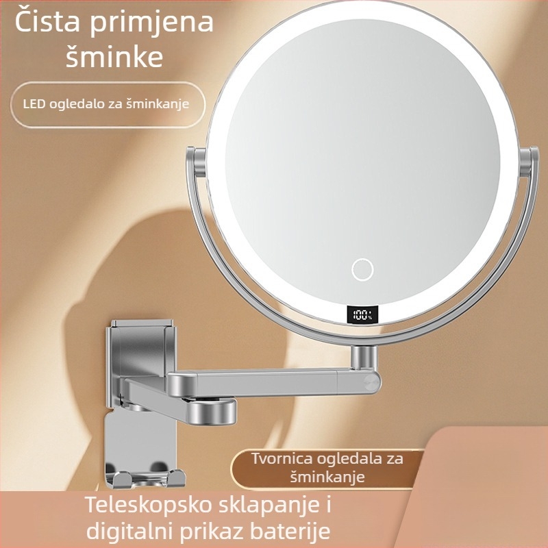 LED zidno ogledalo za šminkanje, dvostrano sa osvjetljenjem i digitalnim zaslonom, kuka za punjenje, kupaonica