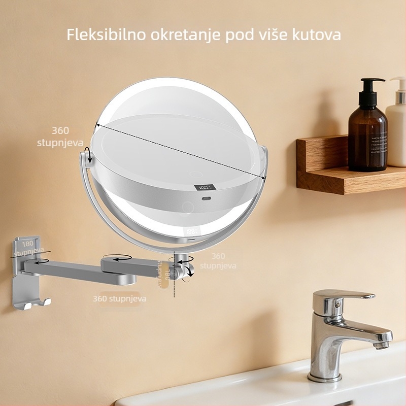 LED zidno ogledalo za šminkanje, dvostrano sa osvjetljenjem i digitalnim zaslonom, kuka za punjenje, kupaonica