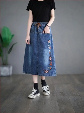 Izšivana traper suknja s elastičnim pojasom, A-linijski kroj, srednje duljine, vintage umjetnički stil