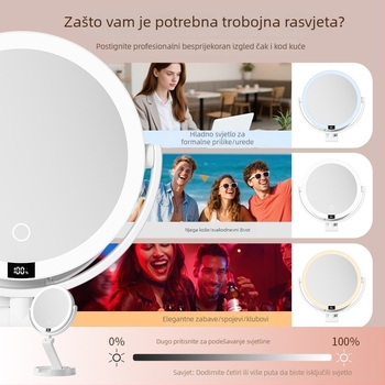 LED stolno ogledalo za šminkanje, 360° rotacija, dvostruko povećanje, sklopivo