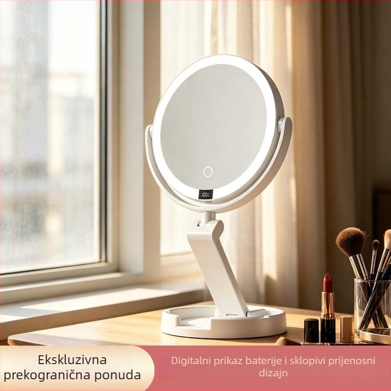 LED stolno ogledalo za šminkanje, 360° rotacija, dvostruko povećanje, sklopivo