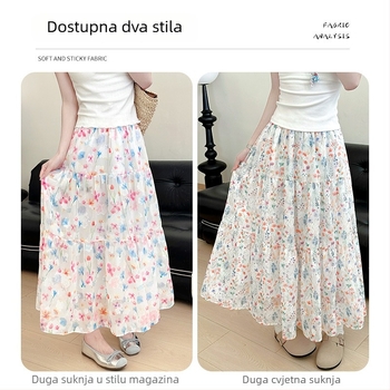 Šarena pufnasta suknja s cvjetnim uzorkom za žene, visokim pojasom, A-linijski kroj, srednje duljine