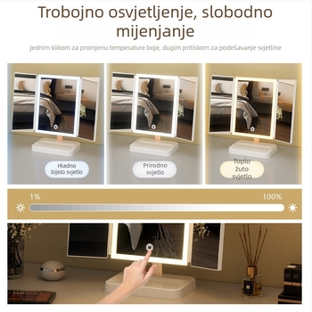 LED ogledalo za šminku za stolno korištenje sa svjetlom, spremnikom i podešavanjem svjetline, sklopivo školjkastog dizajna