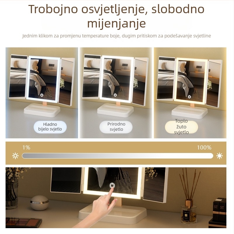 LED ogledalo za šminku za stolno korištenje sa svjetlom, spremnikom i podešavanjem svjetline, sklopivo školjkastog dizajna