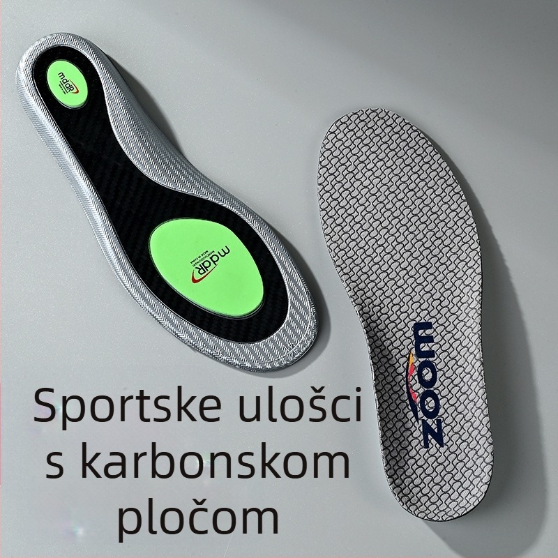 Ortopedska podloga za cijeli stopalo s karbonskom pločom i karbonskim vlaknima za potporu luka; protiv uvrtanja, protuklizno, apsorpcija udaraca, upijanje znoja, antibakterijsko