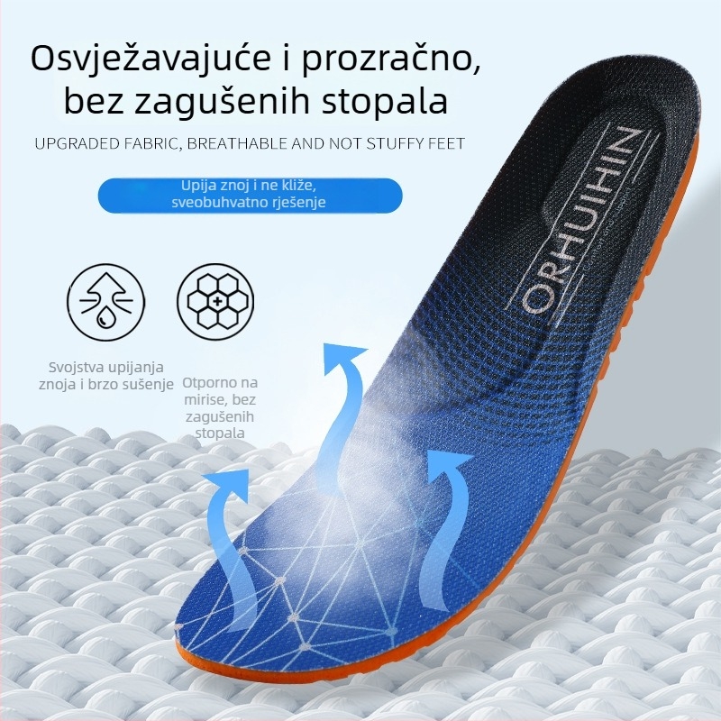 Uložak za cipele s amortizacijom, debeli latex PU uložak za udobnost, anti miris, upijanje znoja, prozračnost; prikladno za vojnu obuku, trčanje i košarku; osjećaj mekanog koraka.