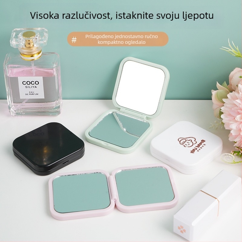 Dvostrano kvadratno preklopno ogledalo, prijenosno kozmetičko ogledalo za dame i studente, 6×5,5 cm, plastična okvir, aluminijsko ogledalo, mogućnost tiska logotipa