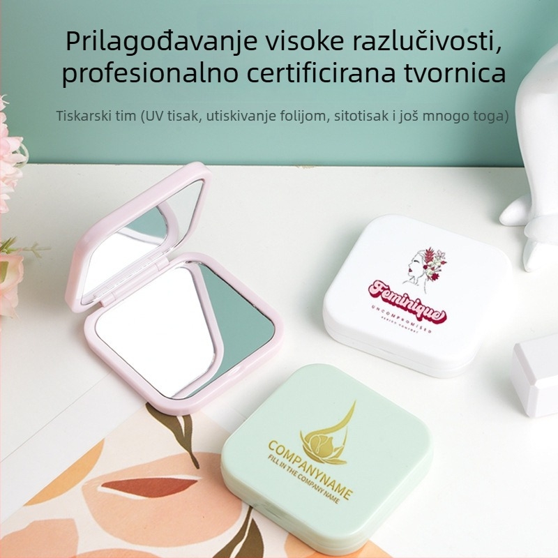 Dvostrano kvadratno preklopno ogledalo, prijenosno kozmetičko ogledalo za dame i studente, 6×5,5 cm, plastična okvir, aluminijsko ogledalo, mogućnost tiska logotipa