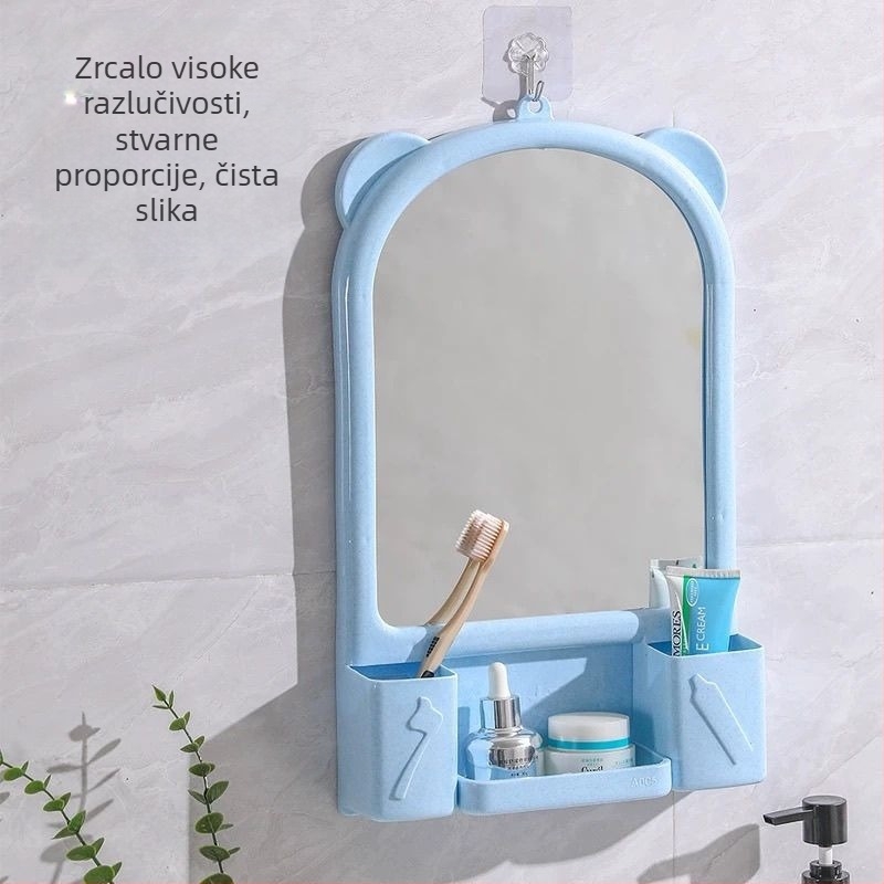 Plastično zidno ogledalo bez bušenja, s policom za pohranu, za kupaonicu