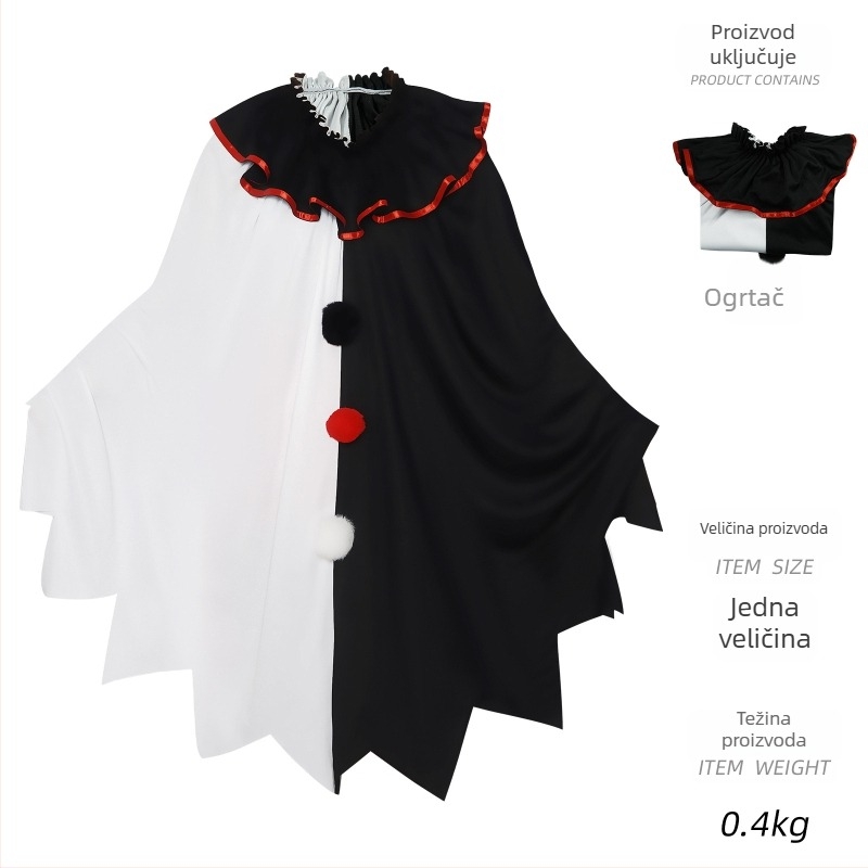 Užasni klaun cosplay kostim za Halloween s crno-belim plaštem – scenski kostim za odrasle