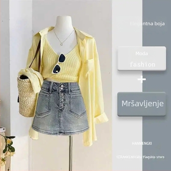 Ženski proljetni trodijelni set: top bez rukava, majica s UV zaštitom i denim suknja