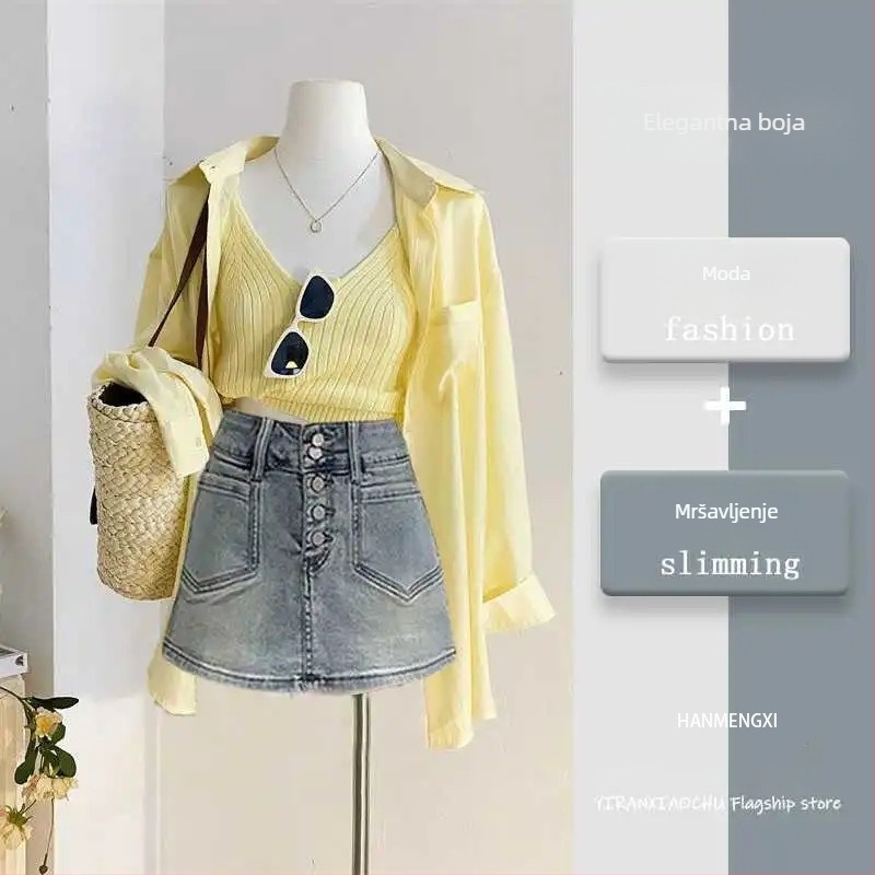 Ženski proljetni trodijelni set: top bez rukava, majica s UV zaštitom i denim suknja