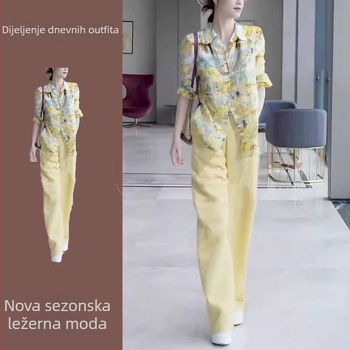 Žuti print košuljni set s hlačama za žene, casual japansko-korejski stil, proljeće-ljeto 2025, poliester.
