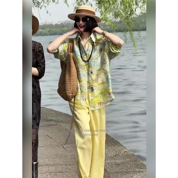 Žuti print košuljni set s hlačama za žene, casual japansko-korejski stil, proljeće-ljeto 2025, poliester.