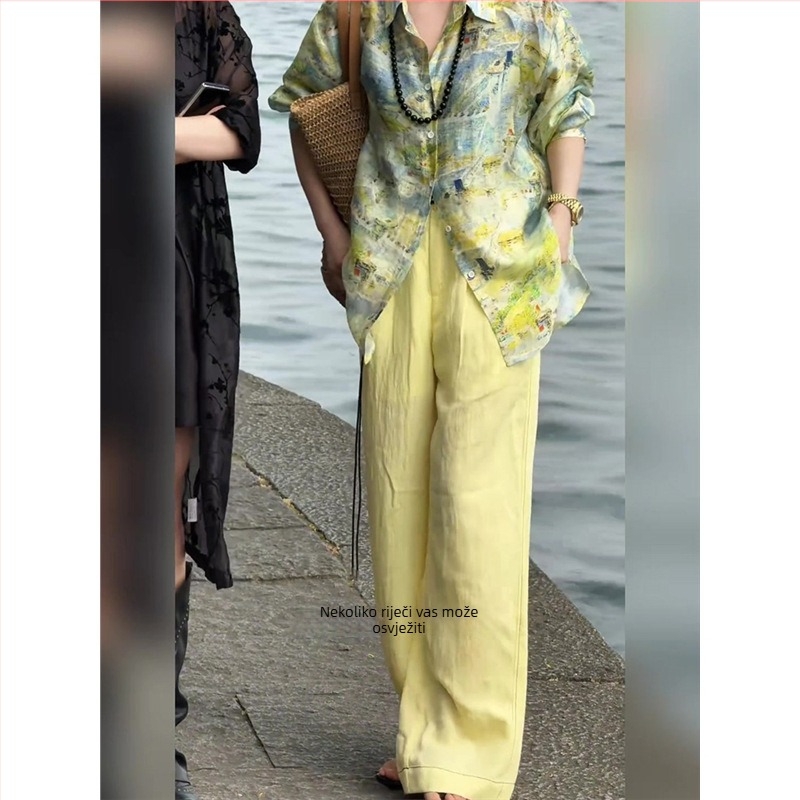 Žuti print košuljni set s hlačama za žene, casual japansko-korejski stil, proljeće-ljeto 2025, poliester.
