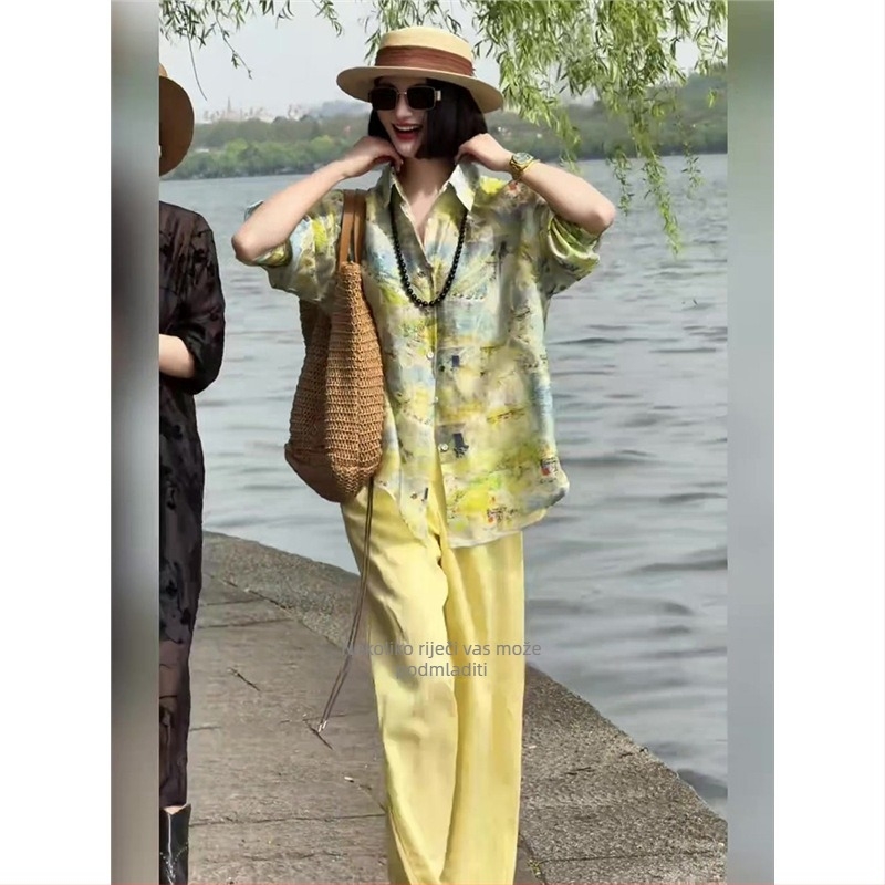 Žuti print košuljni set s hlačama za žene, casual japansko-korejski stil, proljeće-ljeto 2025, poliester.