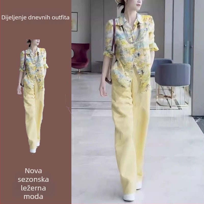 Žuti print košuljni set s hlačama za žene, casual japansko-korejski stil, proljeće-ljeto 2025, poliester.