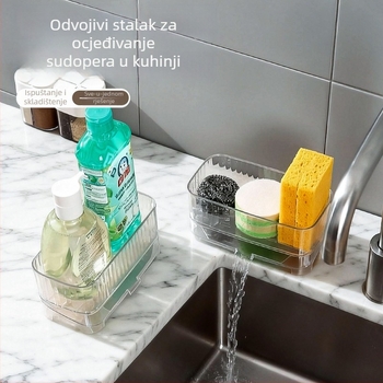 Plastični produžni uski stalak za odvod na kuhinjskoj ploči, na radnoj površini, s produženim uskim rubom, za spužice za suđe, krpe i deterdžent