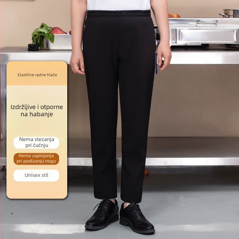 Crne unisex hlače kuhara, ravni kroj, elastičan pojas
