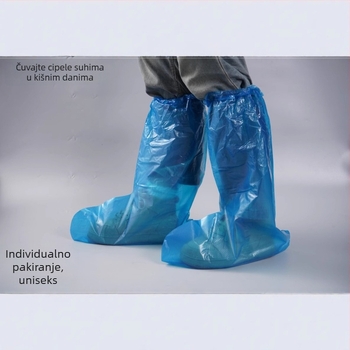 Jednokratne navlake za cipele, plave boje, duge, od PE plastike, pojačane, srednje–visoke duljine, protuklizne i vodoodporne.
